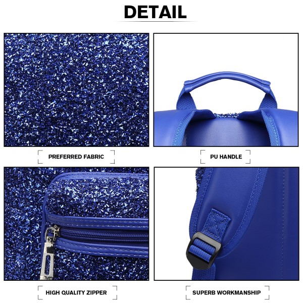 LH6842-MISS LULU GLITTER FASHION BACKPACK FRONT POCKET  RUCKSACK BLUE