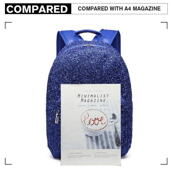 LH6842-MISS LULU GLITTER FASHION BACKPACK FRONT POCKET  RUCKSACK BLUE
