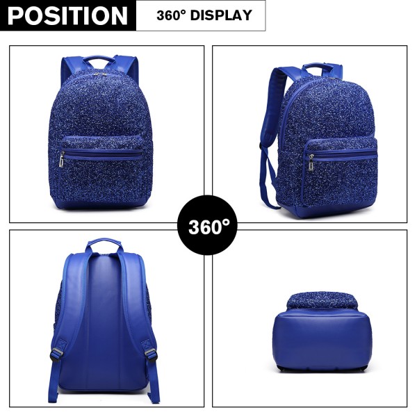 LH6842-MISS LULU GLITTER FASHION BACKPACK FRONT POCKET  RUCKSACK BLUE