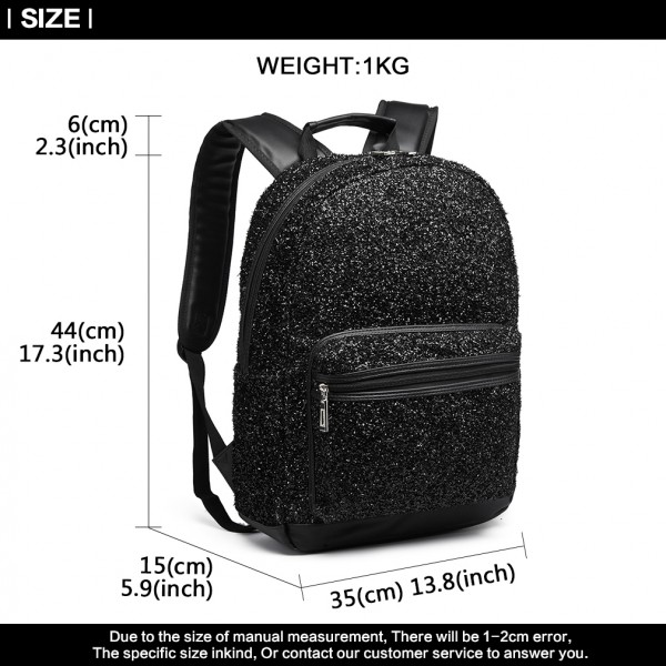 LH6842-MISS LULU GLITTER FASHION BACKPACK FRONT POCKET  RUCKSACK BLACK