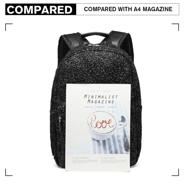 LH6842-MISS LULU GLITTER FASHION BACKPACK FRONT POCKET  RUCKSACK BLACK