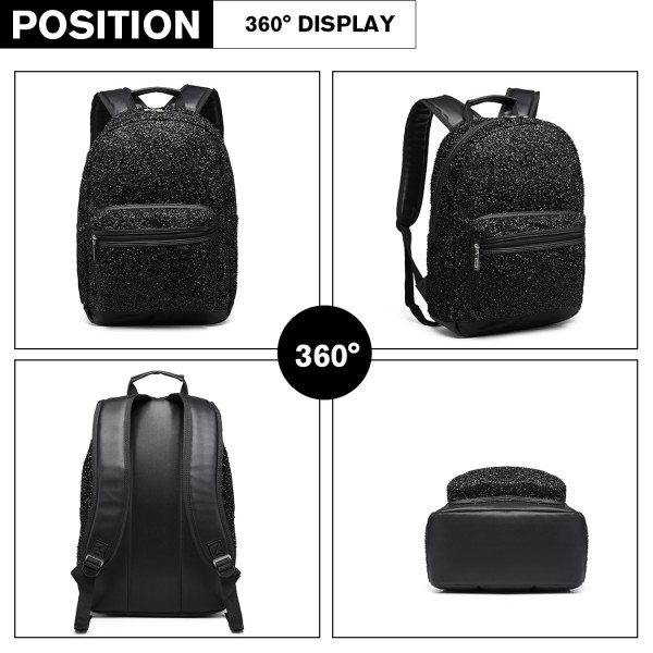 LH6842-MISS LULU GLITTER FASHION BACKPACK FRONT POCKET  RUCKSACK BLACK