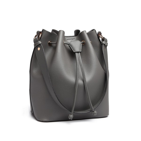 LH6894 - Miss Lulu Leather Look Drawstring Shoulder Bag - Grey