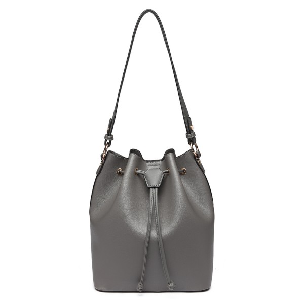 LH6894 - Miss Lulu Leather Look Drawstring Shoulder Bag - Grey