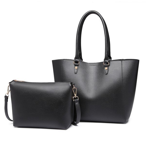 LH6895 - Miss Lulu Textured Leather Look 2 Piece Tote and Shoulder Bag Set - Black