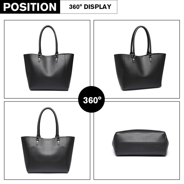 LH6895 - Miss Lulu Textured Leather Look 2 Piece Tote and Shoulder Bag Set - Black