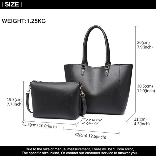 LH6895 - Miss Lulu Textured Leather Look 2 Piece Tote and Shoulder Bag Set - Black