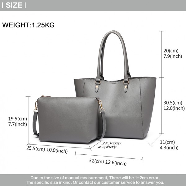 LH6895 - Miss Lulu Textured Leather Look 2 Piece Tote and Shoulder Bag Set - Grey