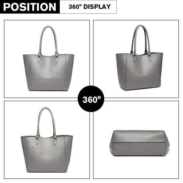 LH6895 - Miss Lulu Textured Leather Look 2 Piece Tote and Shoulder Bag Set - Grey