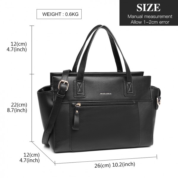 LH6910 - Miss Lulu Leather Look Classic Handbag - Black