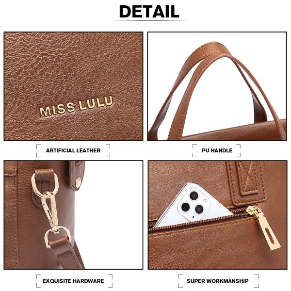 LH6910 - Miss Lulu Leather Look Classic Handbag - Brown