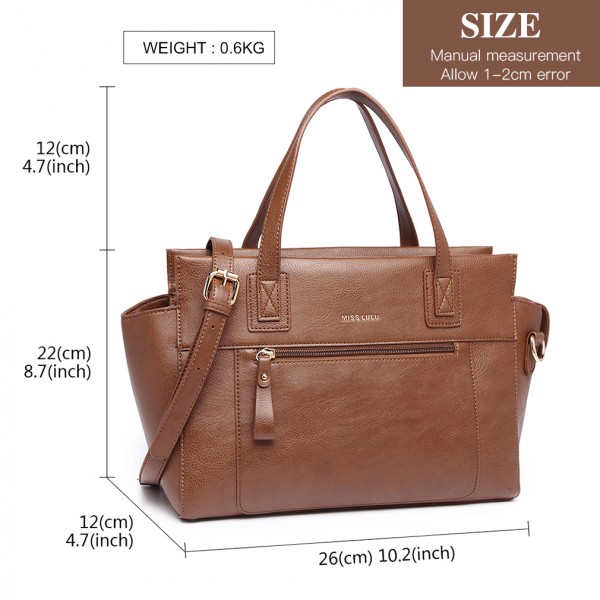 LH6910 - Miss Lulu Leather Look Classic Handbag - Brown