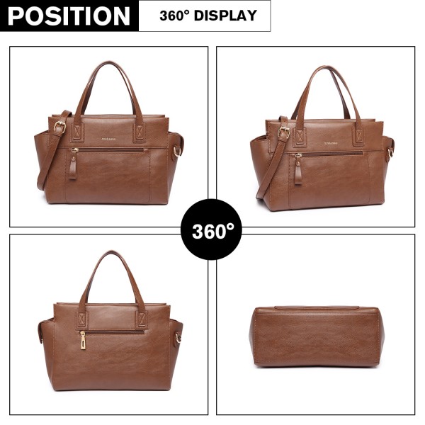 LH6910 - Miss Lulu Leather Look Classic Handbag - Brown