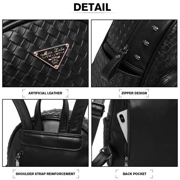 LH6924 - Miss Lulu Weave Detail Leather Look Backpack - Black LH6924 - Miss Lulu Weave Detail Leather Look Backpack - Black