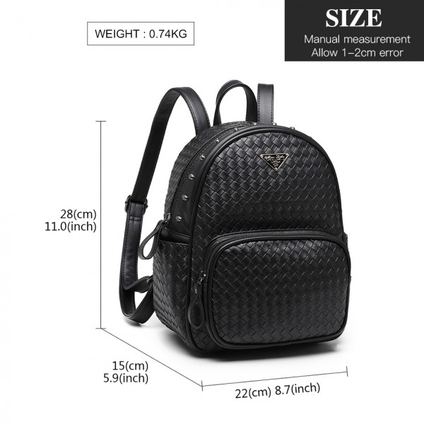 LH6924 - Miss Lulu Weave Detail Leather Look Backpack - Black LH6924 - Miss Lulu Weave Detail Leather Look Backpack - Black