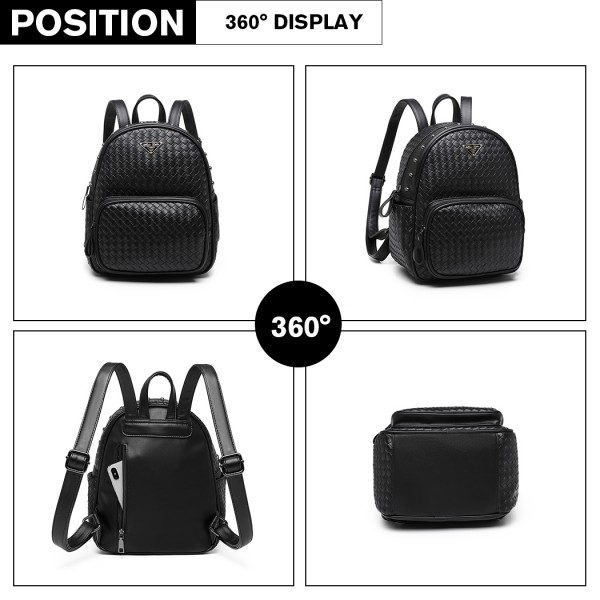 LH6924 - Miss Lulu Weave Detail Leather Look Backpack - Black LH6924 - Miss Lulu Weave Detail Leather Look Backpack - Black
