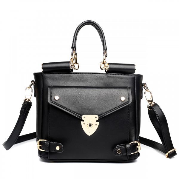 L1631 - Miss Lulu Square Front Pocket Large Shoulder Bag Black