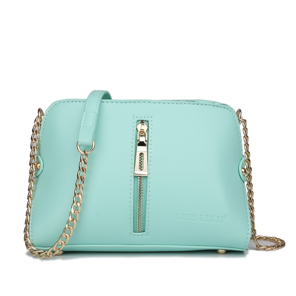 LM1634 Miss Lulu Textured Leather Look Zip Front Cross Body Bag Green
