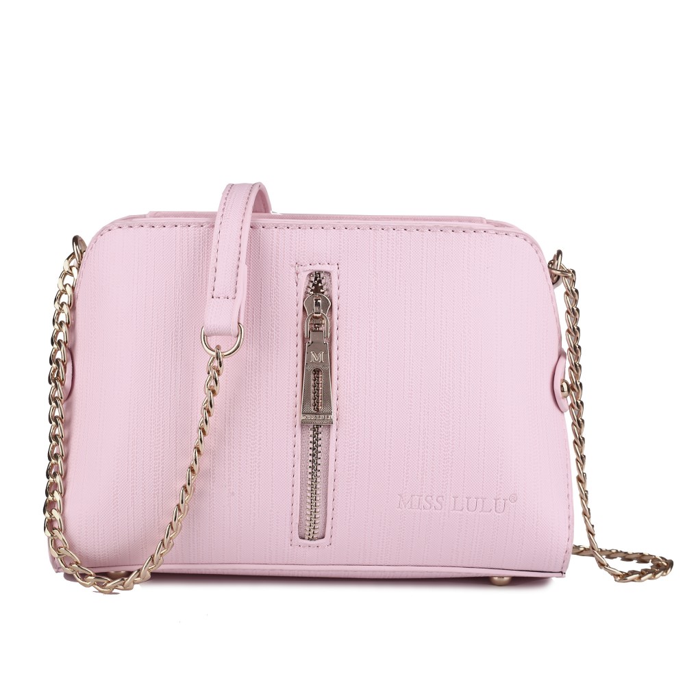 LM1634 Miss Lulu Textured Leather Look Zip Front Cross Body Bag Pink