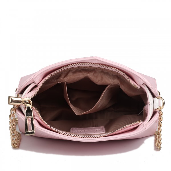 LM1634 Miss Lulu Textured Leather Look Zip Front Cross Body Bag Pink