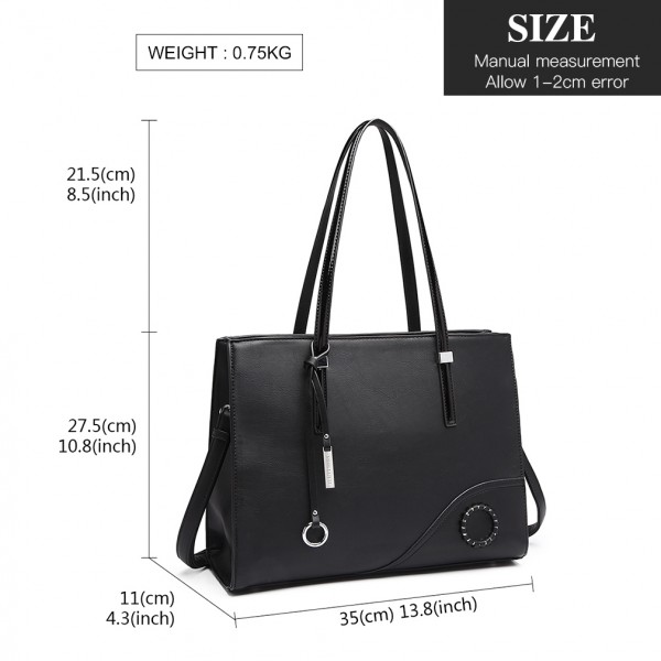 LN1909 - Miss Lulu Glossy Detail Shoulder Bag - Black
