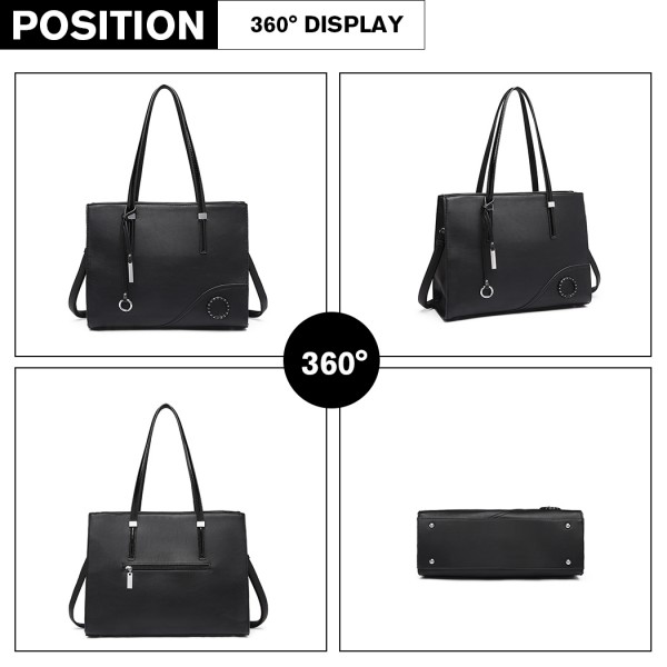 LN1909 - Miss Lulu Glossy Detail Shoulder Bag - Black