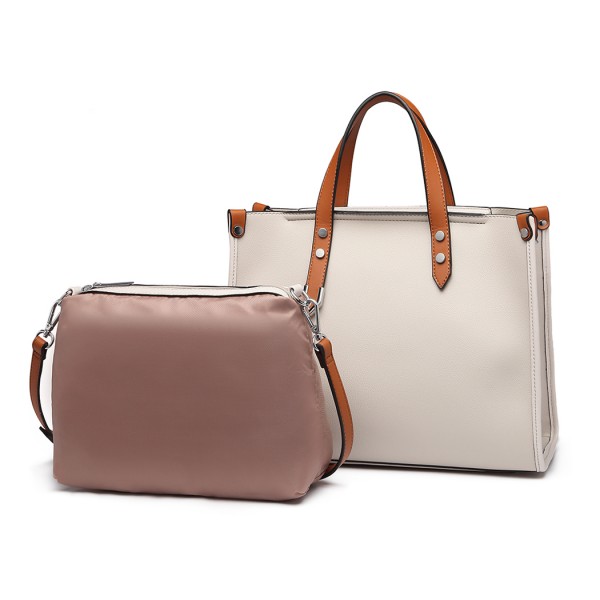 LN1910 - Miss Lulu Structured 2 Piece Shoulder Bag Set - Beige LN1910 - Miss Lulu Structured 2 Piece Shoulder Bag Set - Beige