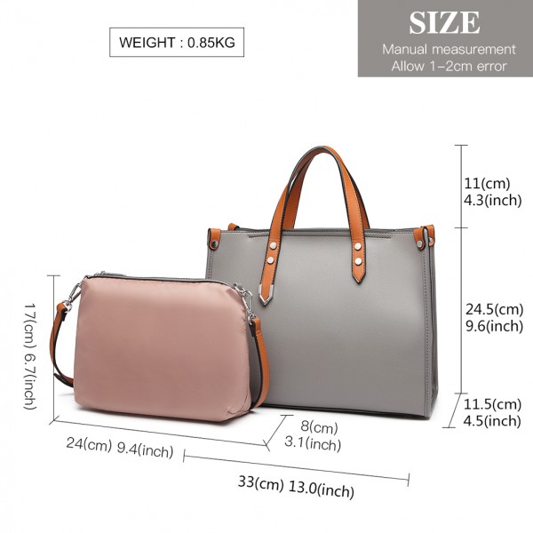 LN1910 - Miss Lulu Structured 2 Piece Shoulder Bag Set - Grey