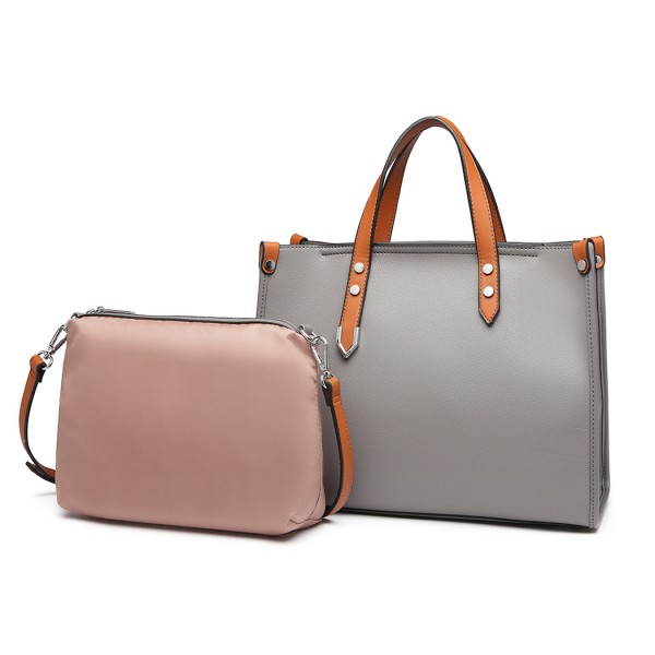 LN1910 - Miss Lulu Structured 2 Piece Shoulder Bag Set - Grey