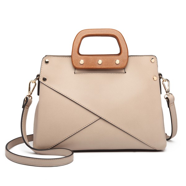 LN6849 - Miss Lulu Leather Look Handbag with Wooden Handles - Apricot