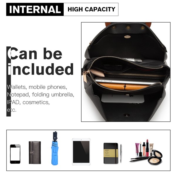 LN6849 - Miss Lulu Leather Look Handbag with Wooden Handles - Black