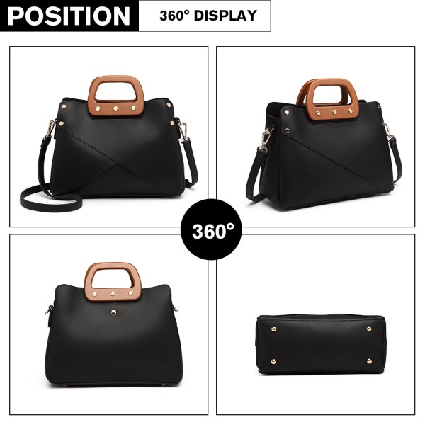 LN6849 - Miss Lulu Leather Look Handbag with Wooden Handles - Black