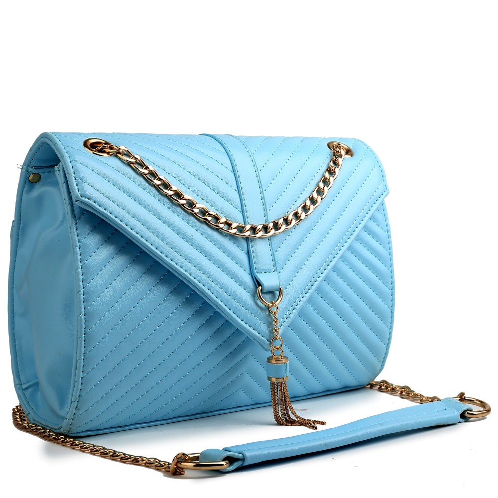 E1635 Miss Lulu Leather Look Quilted Chain Shoulder Bag Light Blue