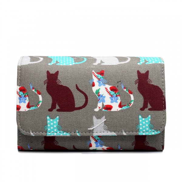 LP1687CT - Miss Lulu Canvas Printed Flapover Purse Cat Grey