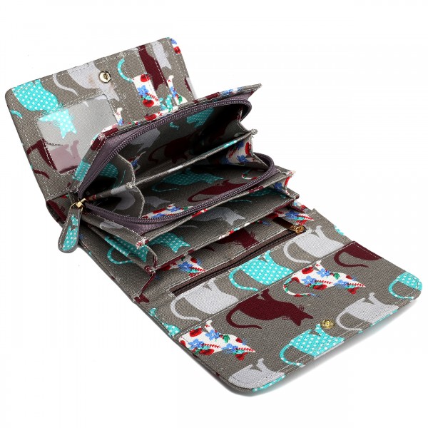 LP1687CT - Miss Lulu Canvas Printed Flapover Purse Cat Grey