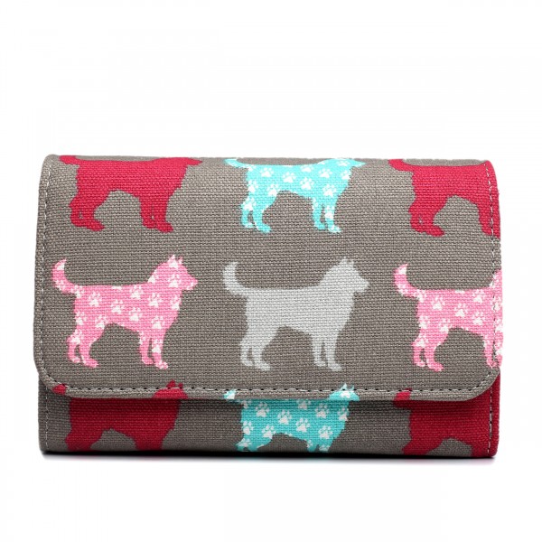 LP1687NDG - Miss Lulu Canvas Printed Flapover Purse Dog Grey
