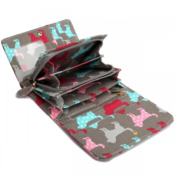 LP1687NDG - Miss Lulu Canvas Printed Flapover Purse Dog Grey