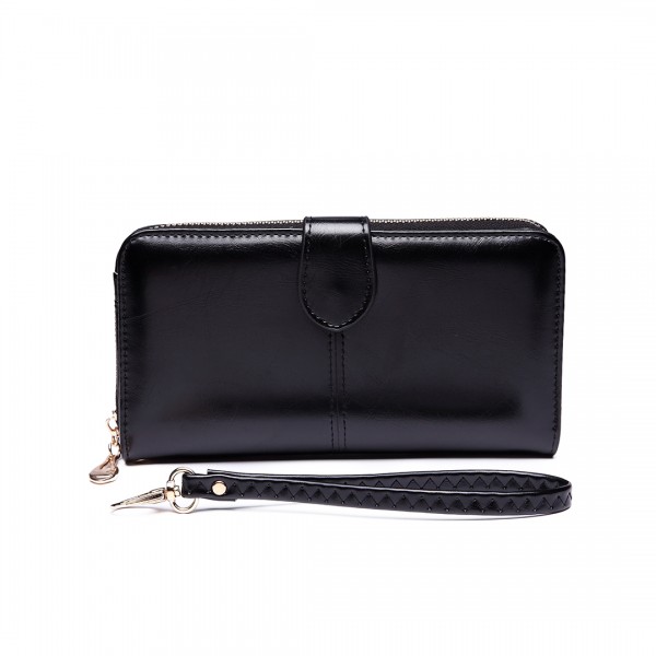 LP1782 BK - Unisex Leather Look Zipped Long Purse Black