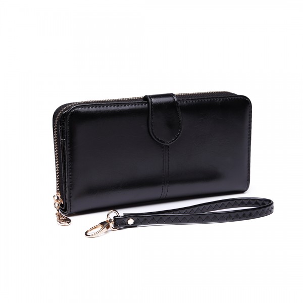 LP1782 BK - Unisex Leather Look Zipped Long Purse Black