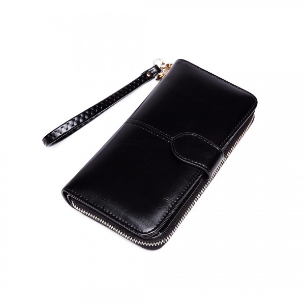 LP1782 BK - Unisex Leather Look Zipped Long Purse Black