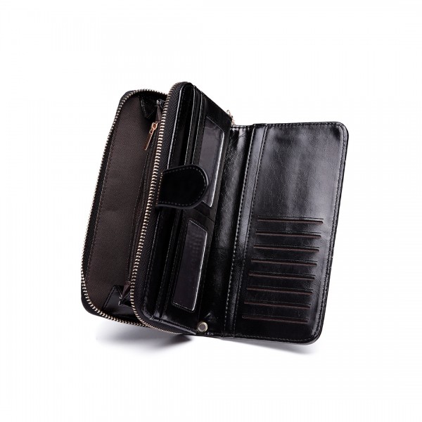 LP1782 BK - Unisex Leather Look Zipped Long Purse Black