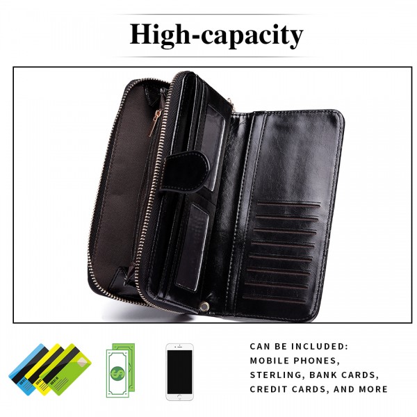 LP1782 BK - Unisex Leather Look Zipped Long Purse Black