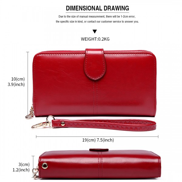 LP1782 BY - Unisex Leather Look Zipped Long Purse Burgundry