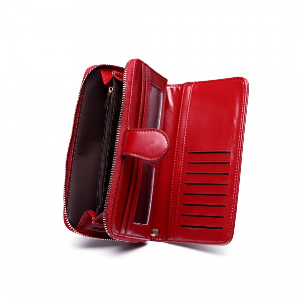 LP1782 BY - Unisex Leather Look Zipped Long Purse Burgundry