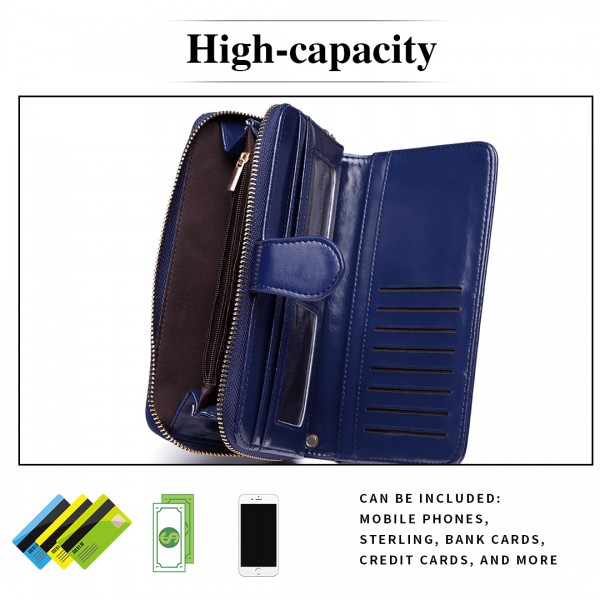 LP1782 NY - Unisex Leather Look Zipped Long Purse Navy