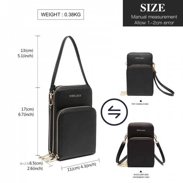 LP2050 - Miss Lulu Structured Multiple Compartment Cross Body Bag With Removable Straps - Black