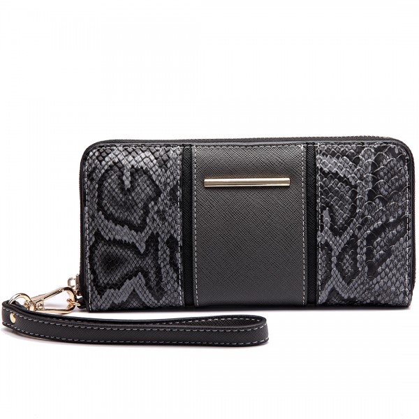 LP6681 - Miss Lulu Snake Print Panel Long Purse Grey