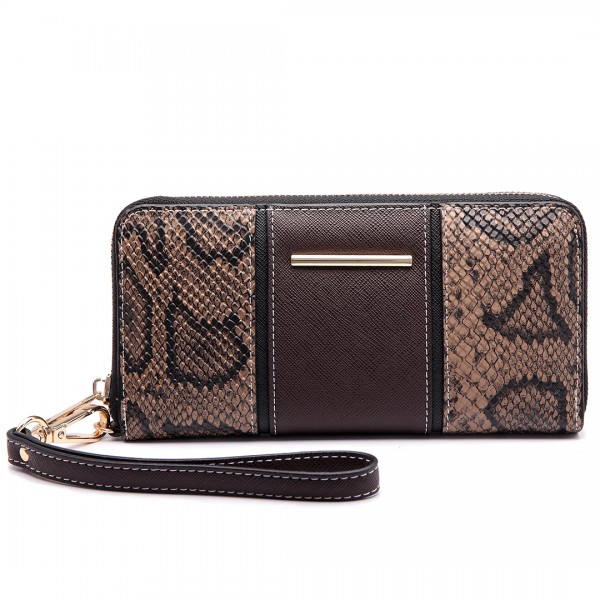 LP6681 - Miss Lulu Snake Print Panel Long Purse Coffee