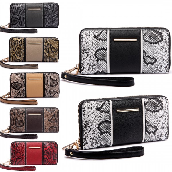 LP6681 - Miss Lulu Snake Print Panel Long Purse Coffee