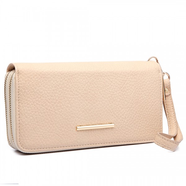 LP6683 - Miss Lulu Women Leather Look Double Zipped Long Purse Beige